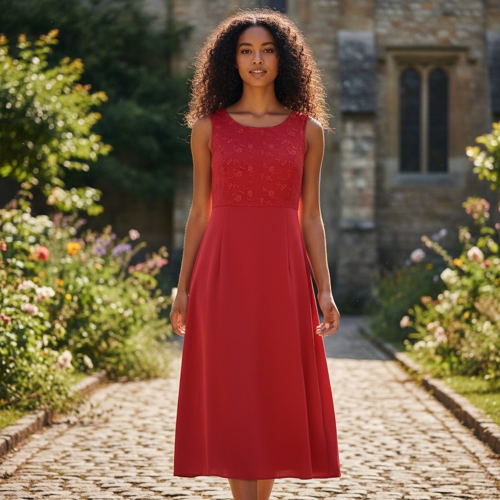 Sag Harbor Red Embroidered Floral Sleeveless Midi Sheath Dress Size 18